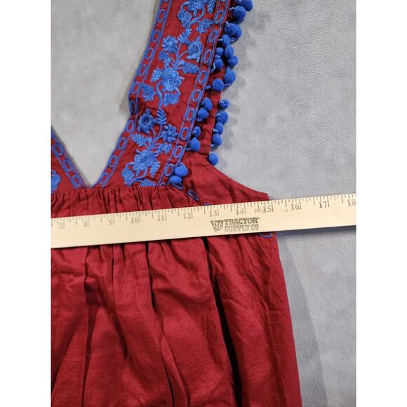 J Crew Tank Top Womens Size 00 Red Blue Embroidered Pom Pom Boho Peasant Hippie - Picture 4 of 10
